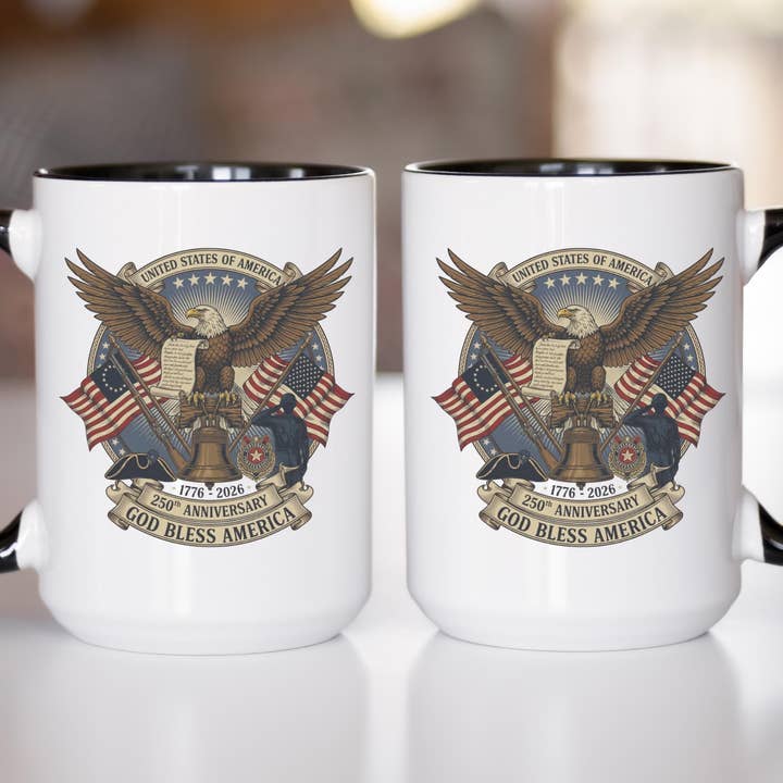 Semiquincentennial Patriotic Eagle & Liberty Bell Mug for wholesale by Tevatino