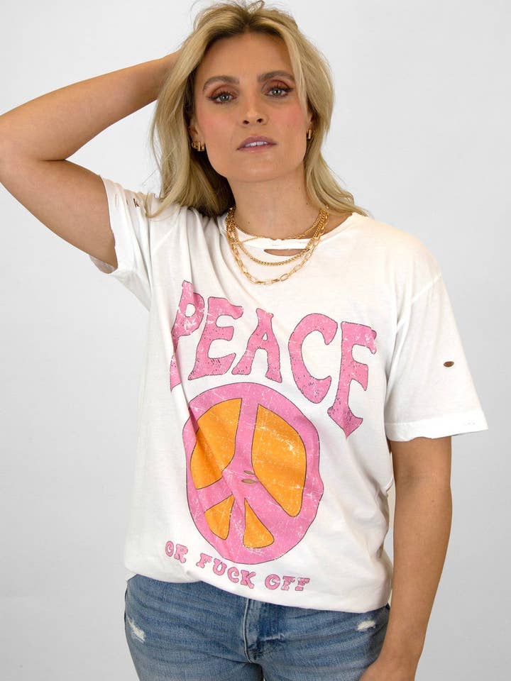 WHITE Peace Or F*ck Off Destructed Tee for wholesale on Faire