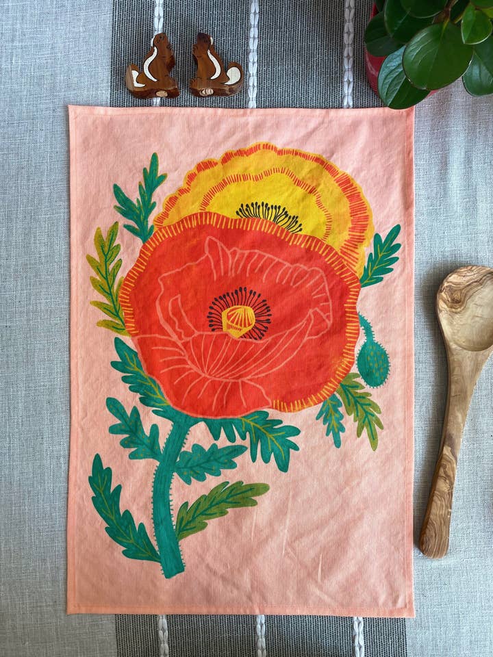 Pretty Poppies Linen Cotton Handmade Tea Towel for wholesale by Dream Folk Studio