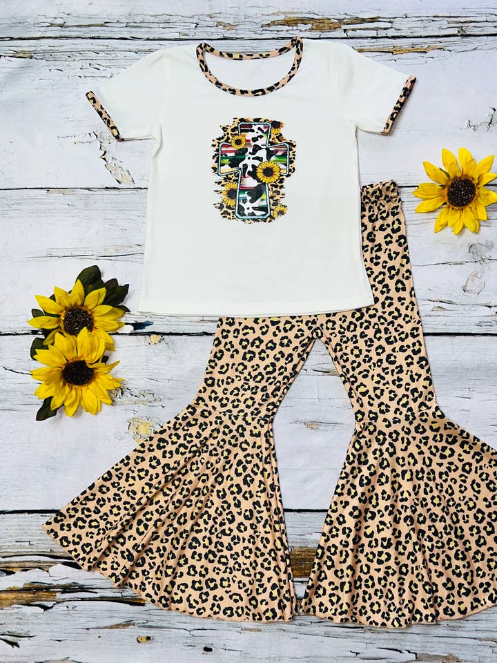 Cross w/sunflowers top & animal print bottoms 2pc set DLH091 for wholesale by luluclothes