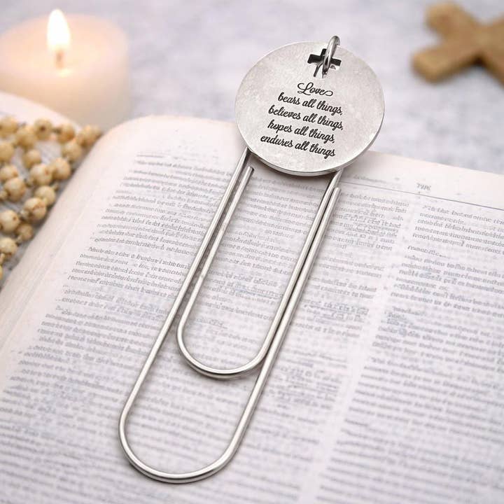 Love Bears All Things Paperclip Bookmark Stainless Steel Christian Scripture Bookmark Faith Gift Inspirational Reading Accessory for wholesale by JKCE Designs