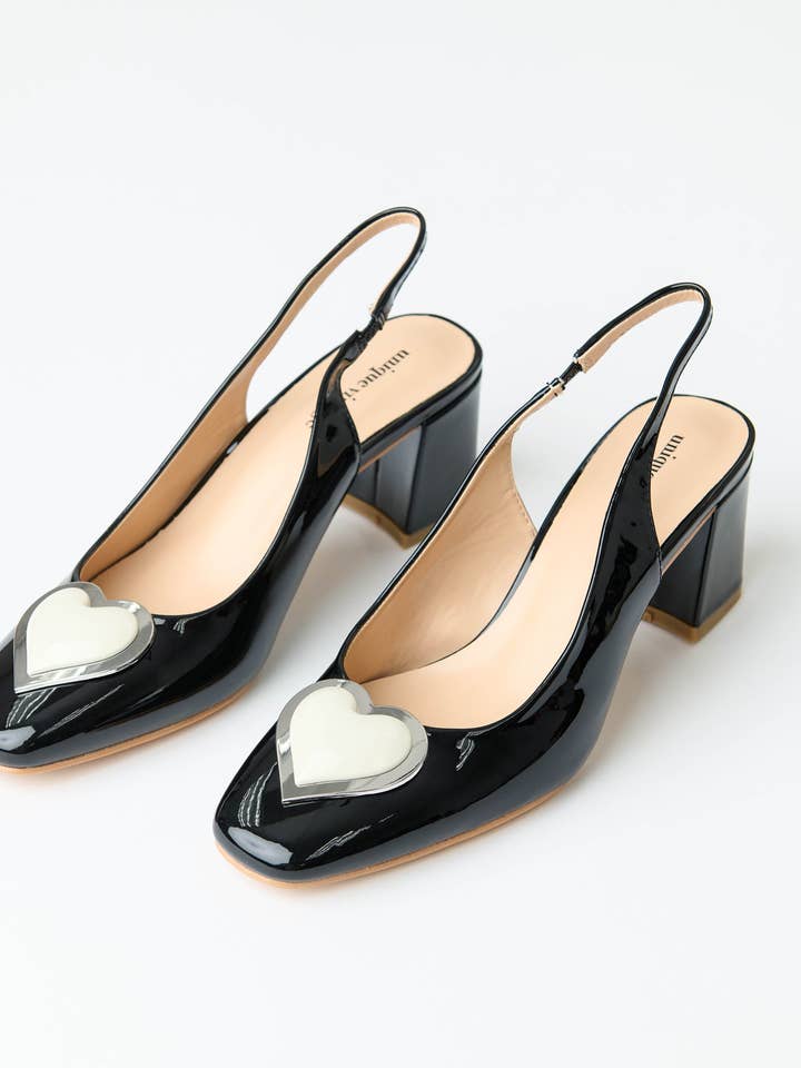 Unique Vintage Black & White Heart Leatherette Slingback Heels for wholesale by Unique Vintage