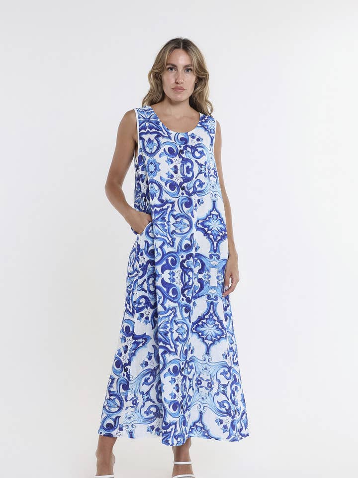 Misty Majolica Sleeveless V-Neck Linen Maxi Dress (DT130M) for wholesale by TINA Stephens Italy/Tees By Tina