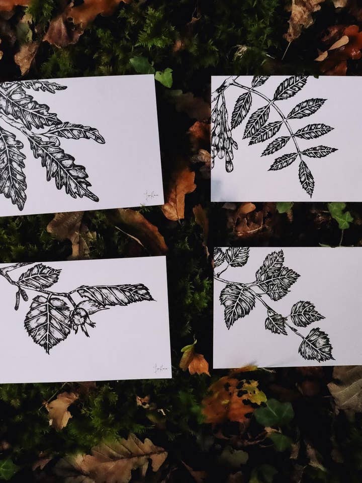 Tree Leaf Hand Drawn Black & White Postcard Set for wholesale by Jya Raine