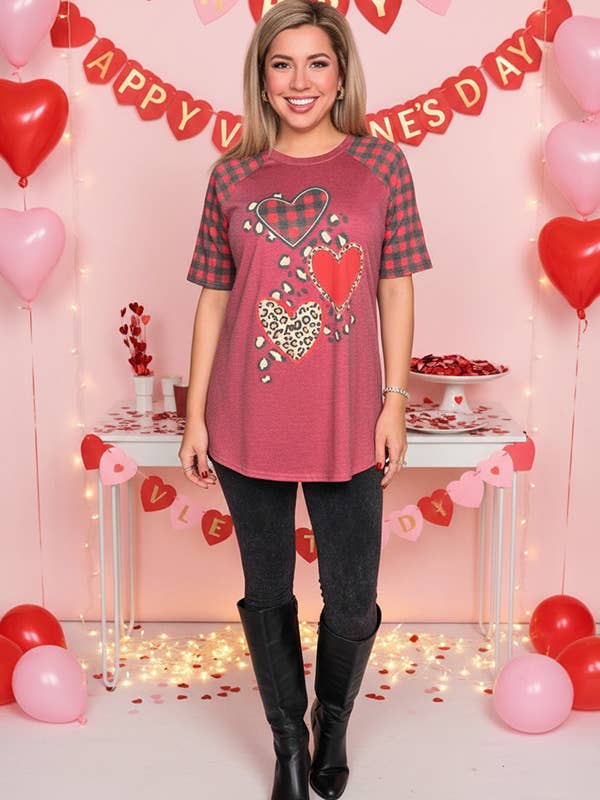 Valentine leopard & checked heart women t-shirt DLH12349 for wholesale by luluclothes