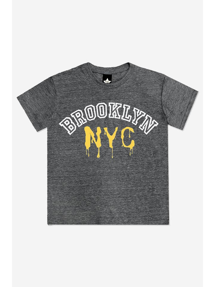 Tri-Blend Short Sleeve Graphic Tee - Heather Black Brooklyn PRE-ORDER SHIPPING STARTS 9/15 for wholesale on Faire
