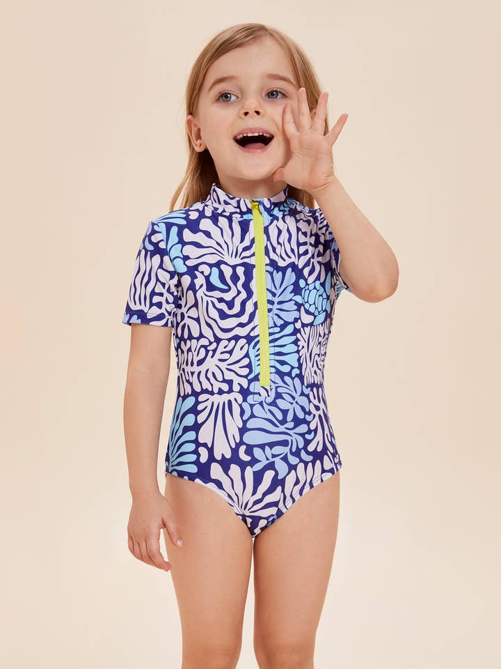 Maillot de bain une pièce corail à imprimé pour filles avec fermeture éclair pour la vente par Beautikini