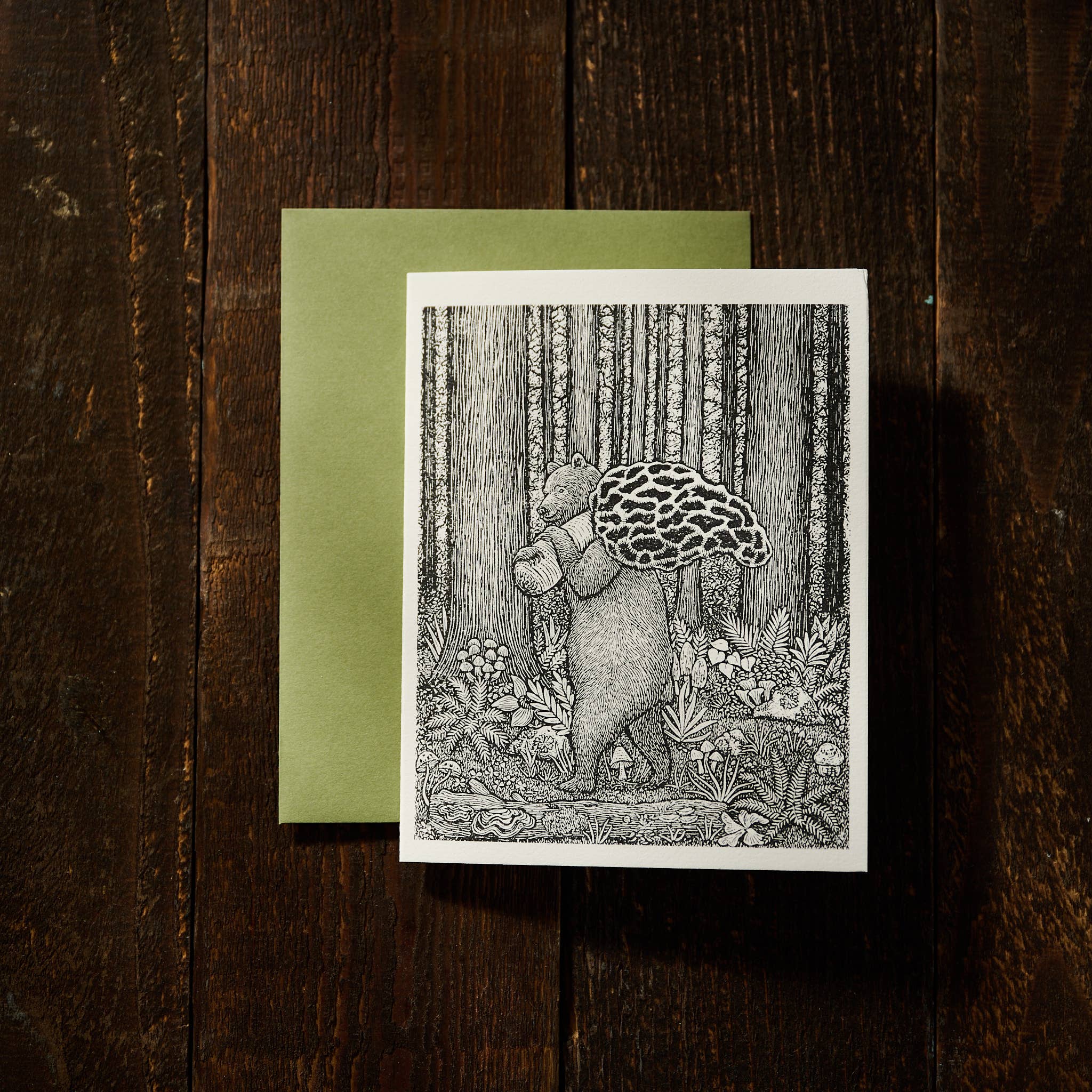 Anomal Press - Wholesale Everyday Greeting Card - Mushroom Hunt linocut relief print greeting card1