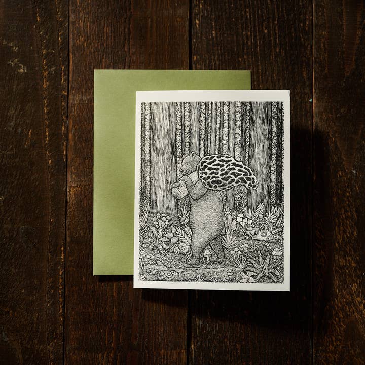 Anomal Press - Wholesale Everyday Greeting Card - Mushroom Hunt linocut relief print greeting card1