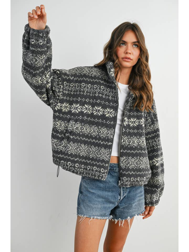 BUTTERMELON - Wholesale Jacket - Women's - Fuzzy Fleece Zip-Front Patterned Jacket - BMJ78079