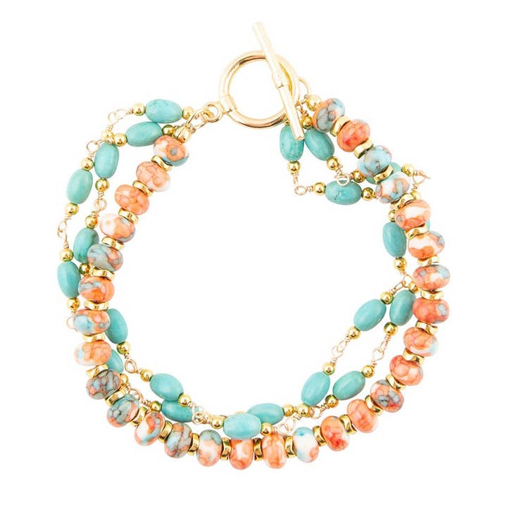 Barse Jewelry - Wholesale Jewelry Set - Canyon Blue and Orange Magnesite Golden Toggle Bracelet