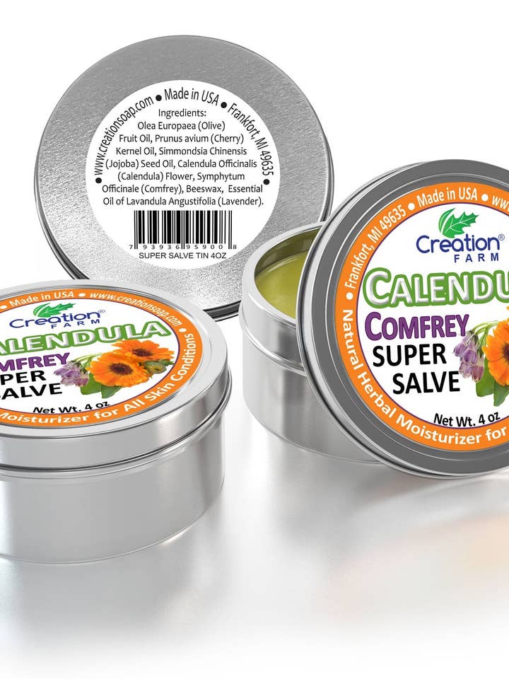 Calendula Salve - Super Salve 3 Pack Large 4 Oz Tins Balm For Natural Skin Care From Creation Farm for wholesale by Creation Farm Inc