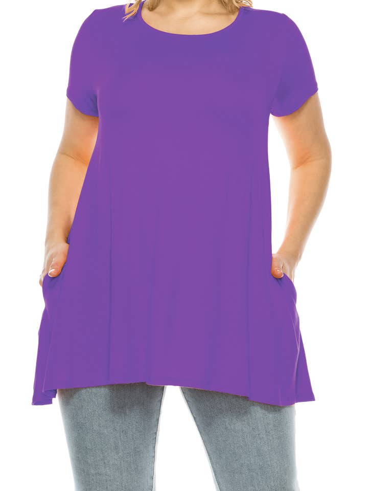 Women's Plus Size Casual Solid Short Sleeve Tunic Top for wholesale by MOA COLLECTION