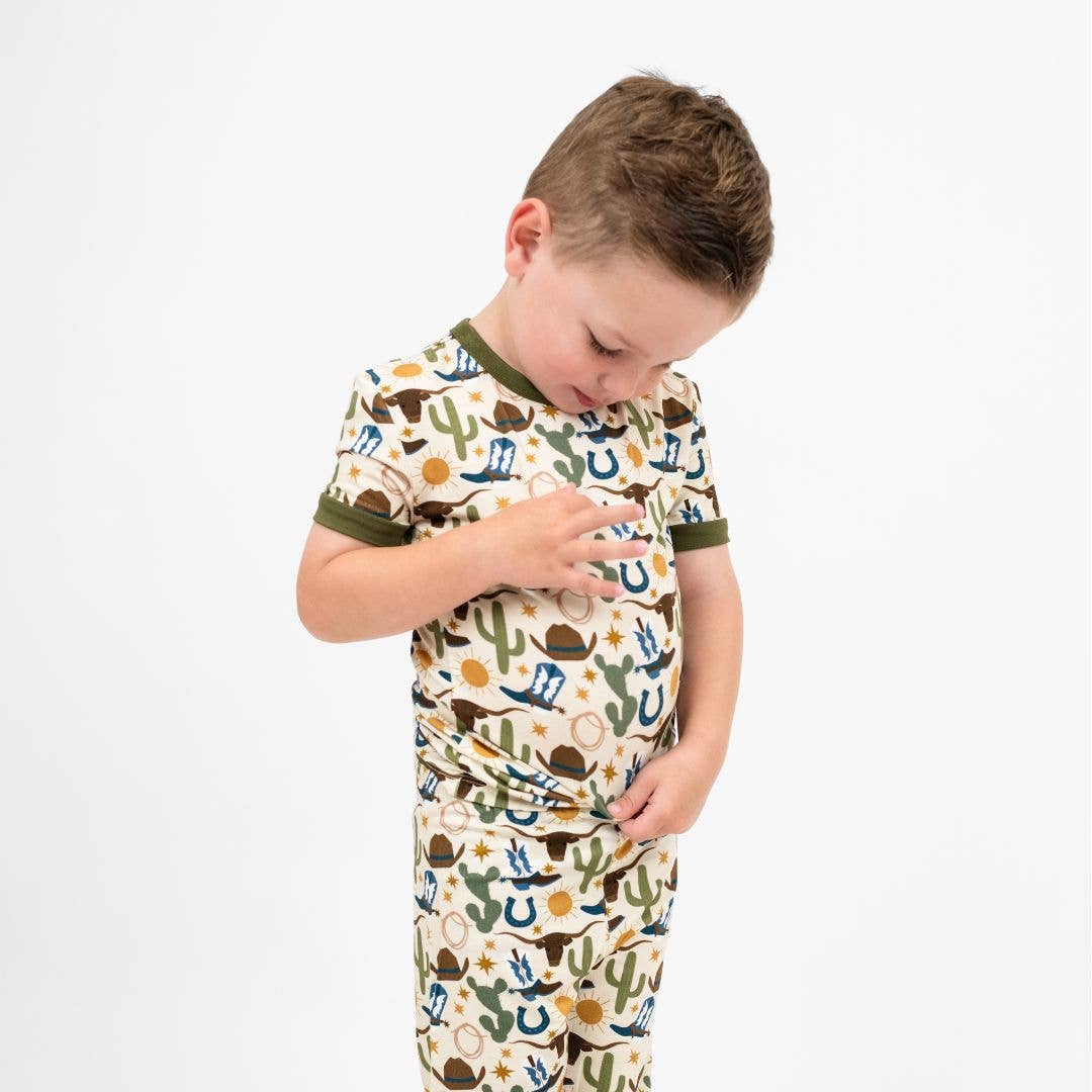 Beige Multi Howdy Western Bamboo Short Sleeve Kids Pajama Pants Set for wholesale on Faire2