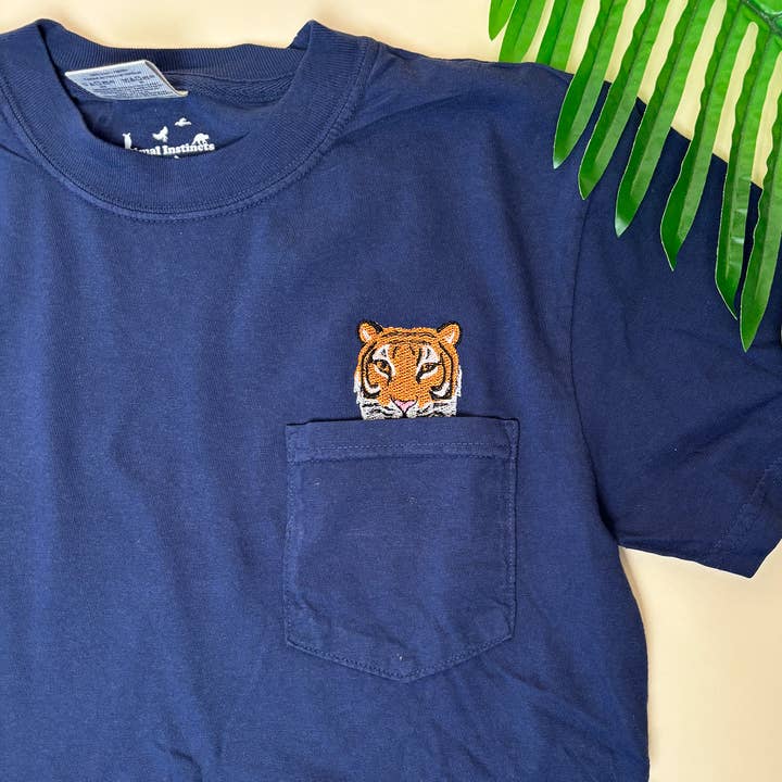 Embroidered Tiger Pocket Tee – Unisex Cotton Wildlife Shirt for wholesale by Animal Instincts