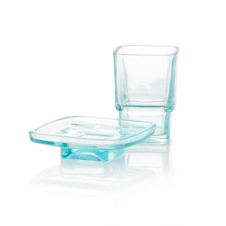 SERRV International - Wholesale Bathroom Accessory Set - Teal Recycled Glass Cup & Dish Bathroom Set