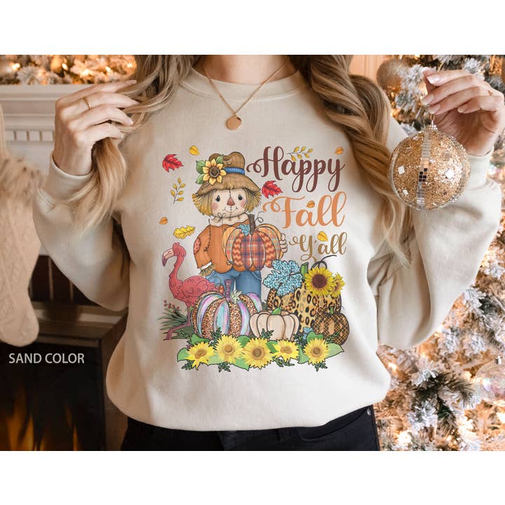 Camicia Happy Fall Y'all Y'all, spaventapasseri, fenicottero, zucca, girasole per la vendita all'ingrosso da parte di NVC Ecommerce LLC
