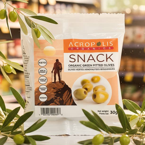 Pack de 12 sachets de collations d'olives vertes biologiques dénoyautées pour la vente par Acropolis Organics