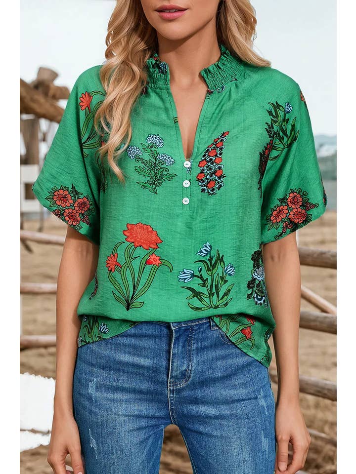 As shown Fashion-W Floral Buttoned V Neck Short Sleeve Blouse for wholesale on Faire