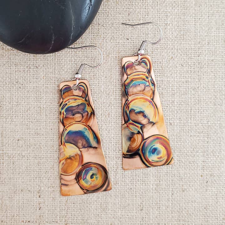 Large Flame Paint Copper Trapezoid Earrings for wholesale by Covaly Artisan Jewelry