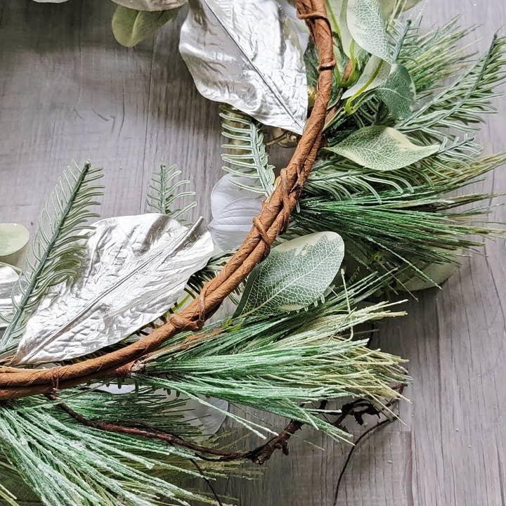 ES Essentials - Wholesale Wreath - Christmas Wreath Pine Glitter White Orchid Berry Candle Ring
