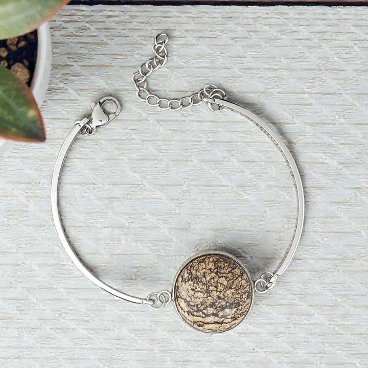 Landscape Jasper & Stainless Segmented Bangle Bracelet for wholesale by Covaly Artisan Jewelry