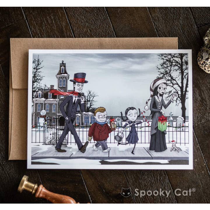 Addams Family-Inspired Holiday Card for wholesale by Spooky Cat Press
