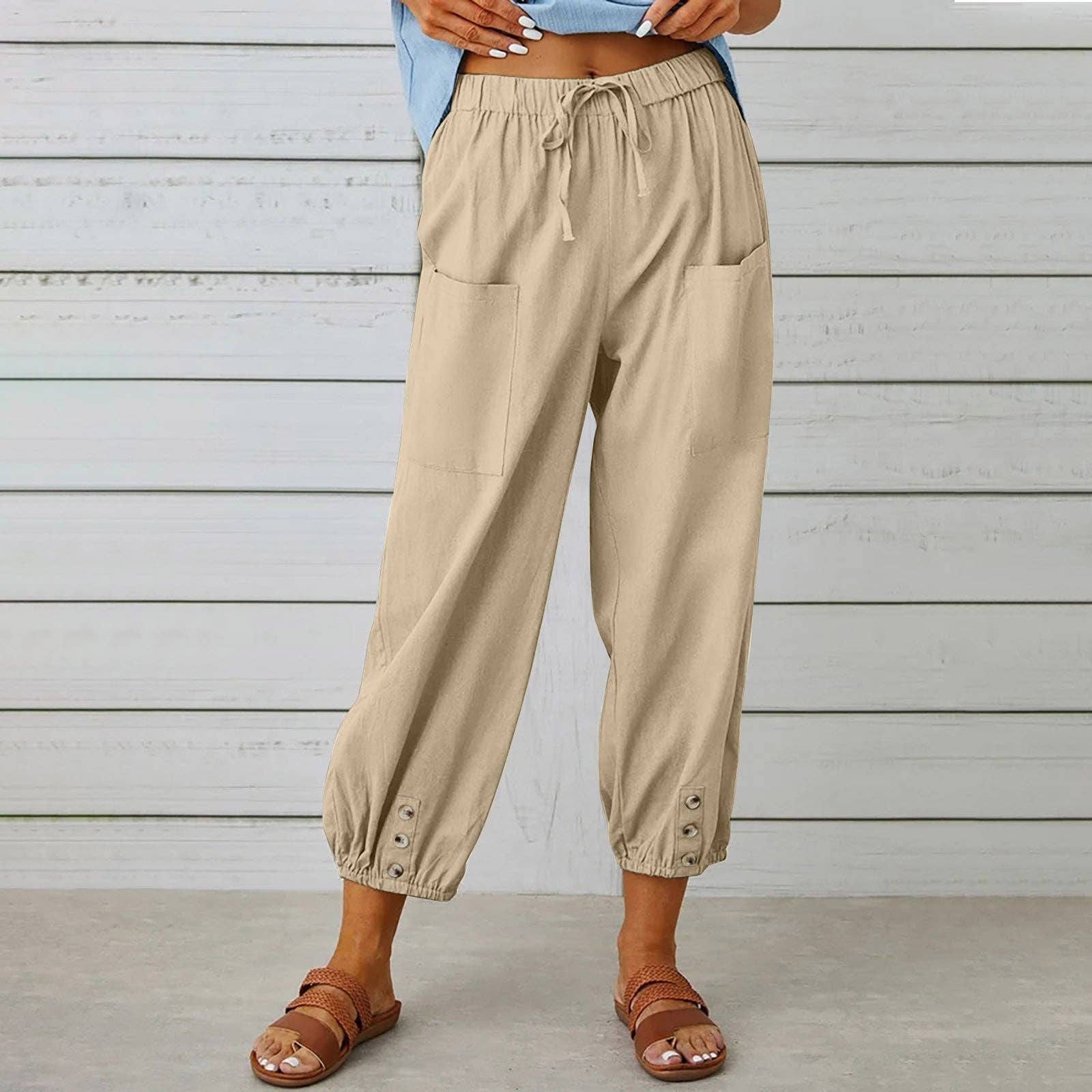 safistyle - Wholesale Pants - Women's - Loose High-Waist Buttoned Cotton Linen Wide-Leg Pants7