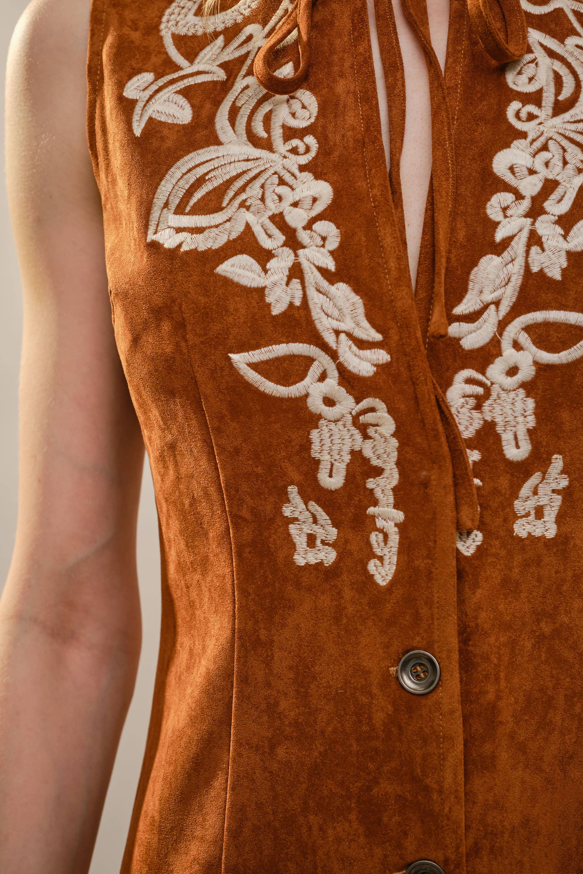 BROWN 99655D Embroidered Suede Fringe Dress for wholesale on Faire3