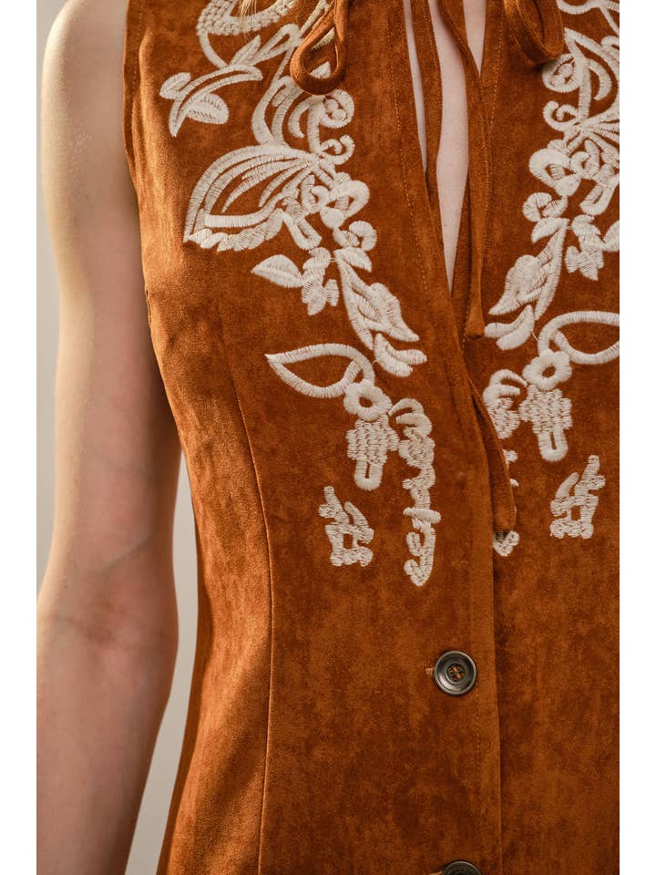 BROWN 99655D Embroidered Suede Fringe Dress for wholesale on Faire3