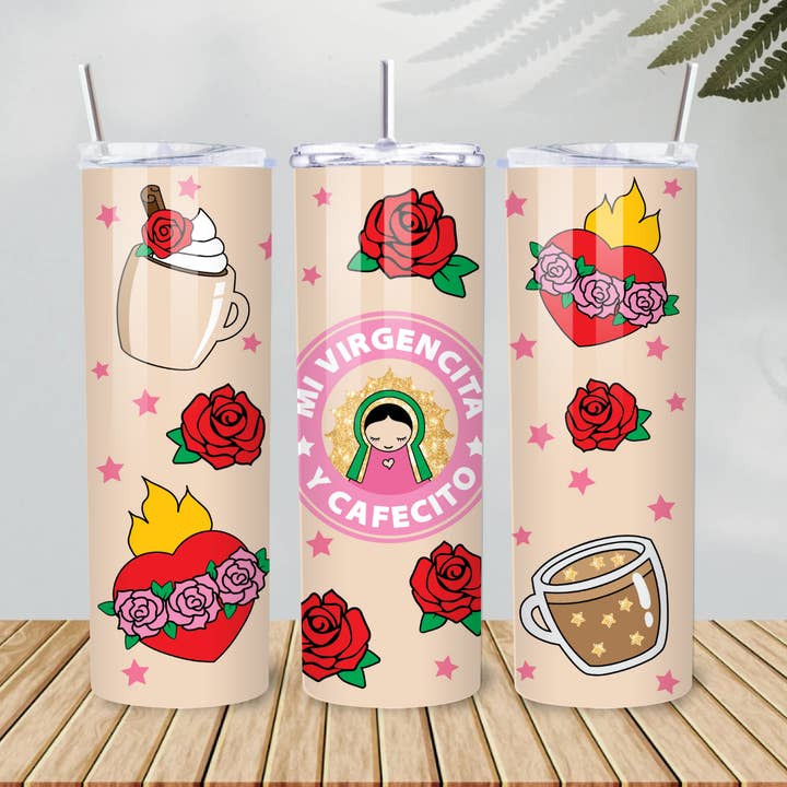 Mi Virgencita y Cafecito Tumbler – 20oz Faith & Coffee Cup with Roses, Latina Style & Spiritual Vibes for wholesale by Bloom Designs