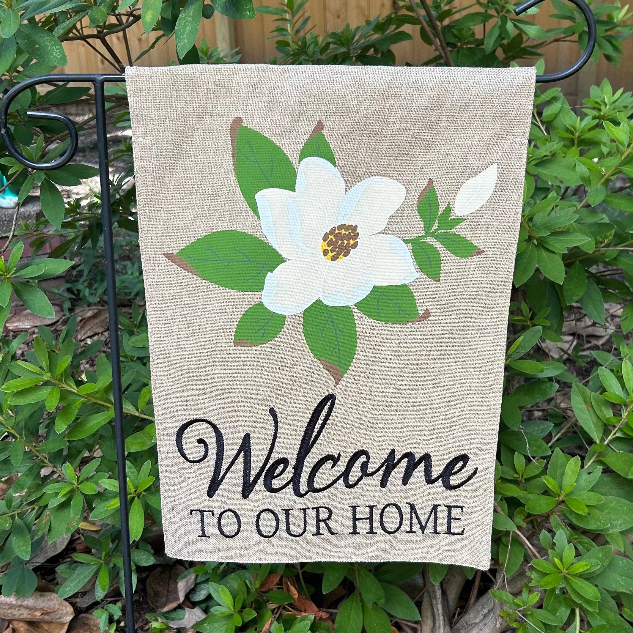 JEC Home Goods Inc - Wholesale Flag - Magnolia Welcome Burlap 2-Sided Garden Flag 12.5x18"