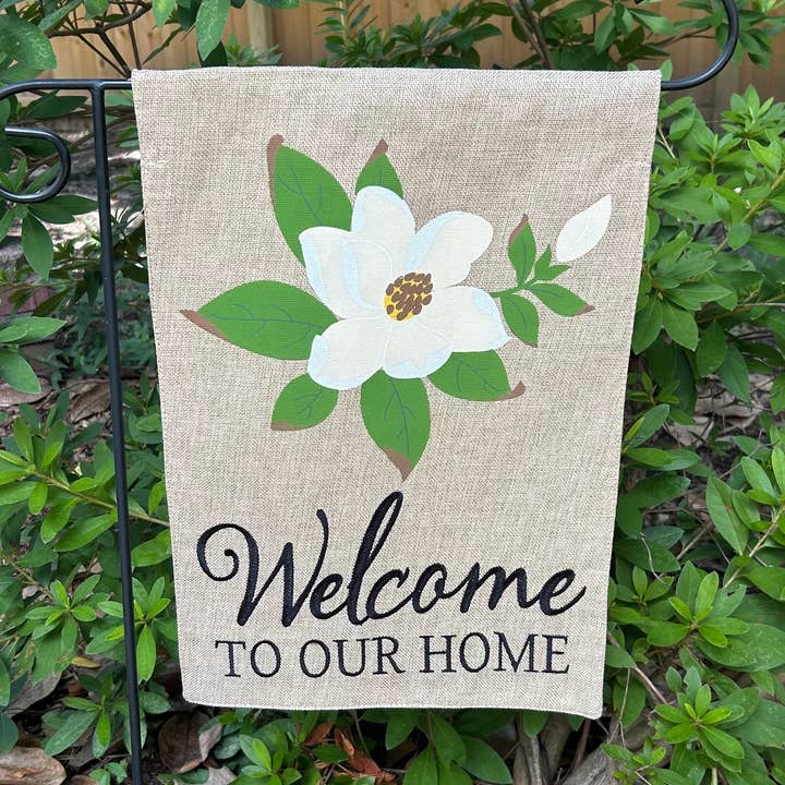 Magnolia Welcome Burlap 2-Sided Garden Flag 12.5x18" for wholesale by JEC Home Goods Inc