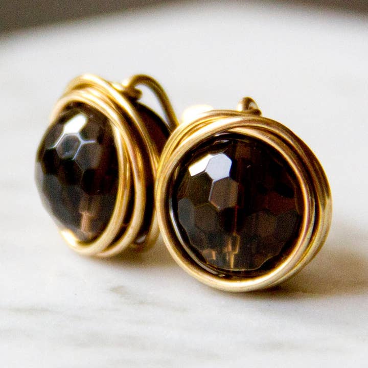 Big And Beautiful Smokey Topaz Wire Wrapped Beaded Earrings - Gold, Brown, Faceted Beads for wholesale by The Jovi Lyne Collection