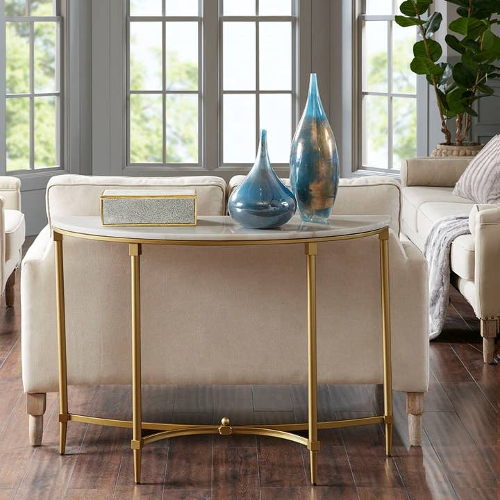 White Marble Tabletop Consol Table with Gold Base for wholesale by Olliix