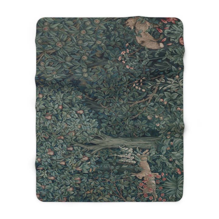 Sherpa Fleece Blanket inspired by William Morris - Greenery Collection (Rabbit and Fox) for wholesale by Willy Morris Home Emporium