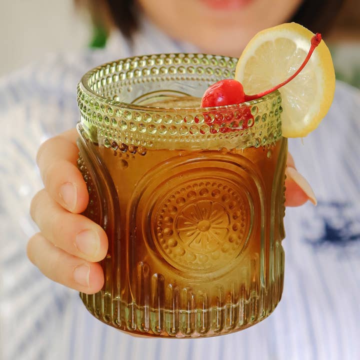 Kate Aspen - Wholesale Drinking glass/cup - 10 oz. Ribbed Retro Arch Floral Green Drinking Glasses (Set3