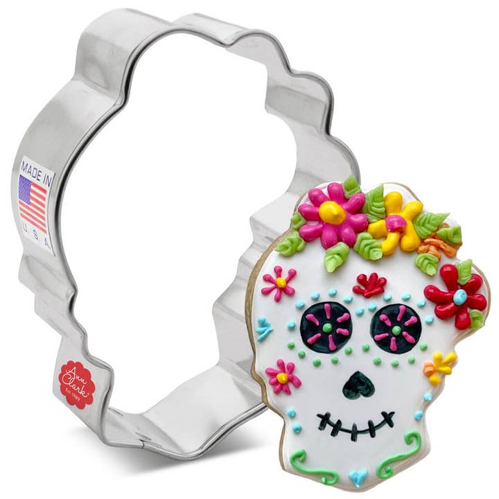 Sugar Skull with Flowers Cookie Cutter. (Bag of 1 Dozen) for wholesale by Ann Clark