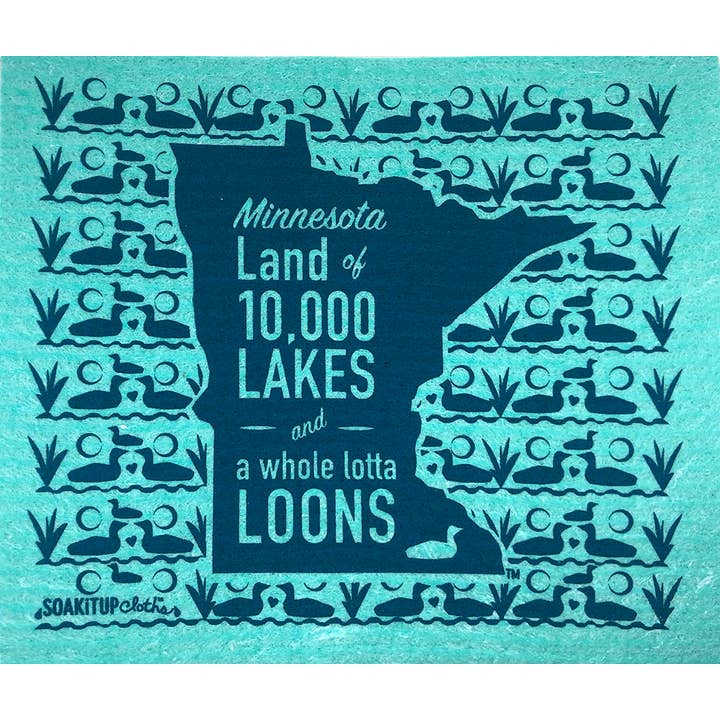 MN 10000 Lakes and a Whole Lotta Loons Green Swed Dishcloth for wholesale by Soak iT Up Eco-friendly Greetings + Gifts