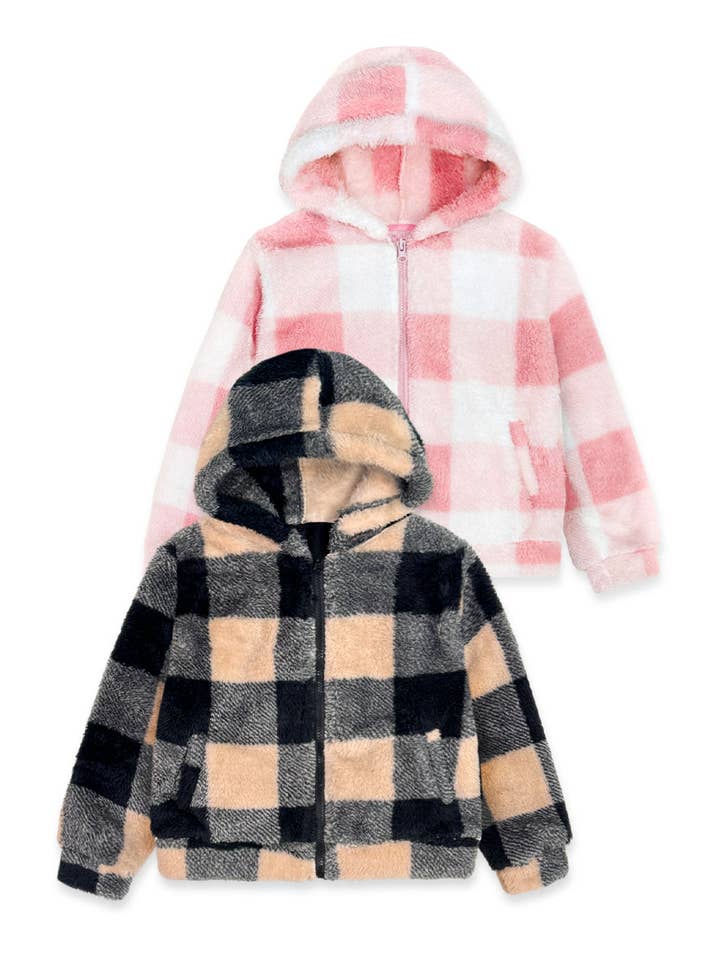 Cutie Patootie Clothing - Wholesale Jacket - Kids - TFJ-K24-9041T Toddler's Coral Fleece Checkered Hoodie Jacket