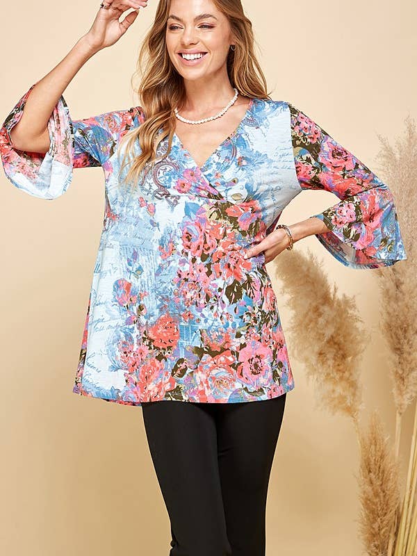 Shopin LA - Wholesale Tunic - Women's - SPT5198 - WOMEN FLORAL PRINT 3/4 SLEEVE TUNIC TOP1