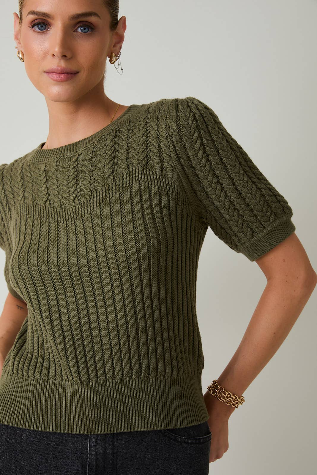 Sunday Edition by LE LIS - Wholesale Knit Sweater - Women's - ROUND NECK PUFF SHORT SLEEVE CABLE SWEATER12