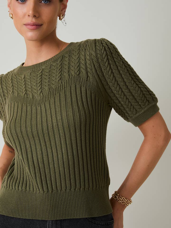 Sunday Edition by LE LIS - Wholesale Knit Sweater - Women's - ROUND NECK PUFF SHORT SLEEVE CABLE SWEATER12