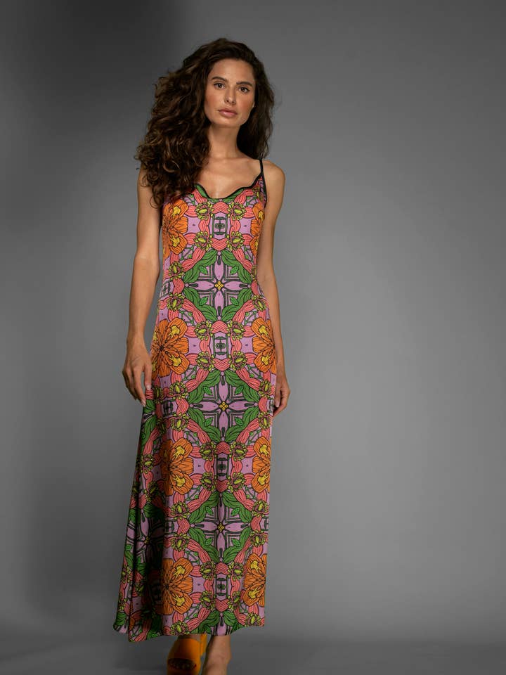 Satin Orange Floral Slip Maxi Dress for wholesale by Nuvula