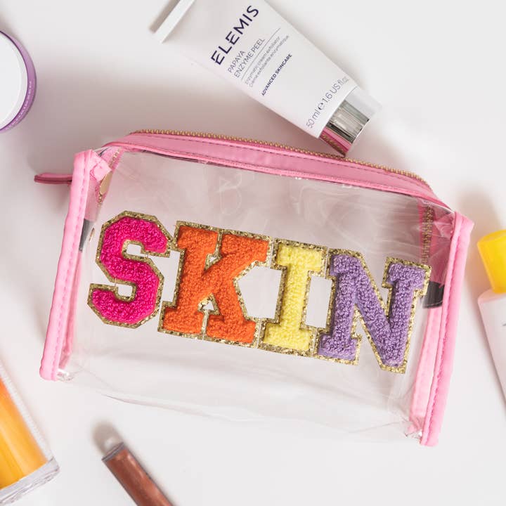 Natalia - Wholesale Makeup/Cosmetic Bag - Preppy Skincare Bag, Chenille Varsity Letter Travel Pouch10
