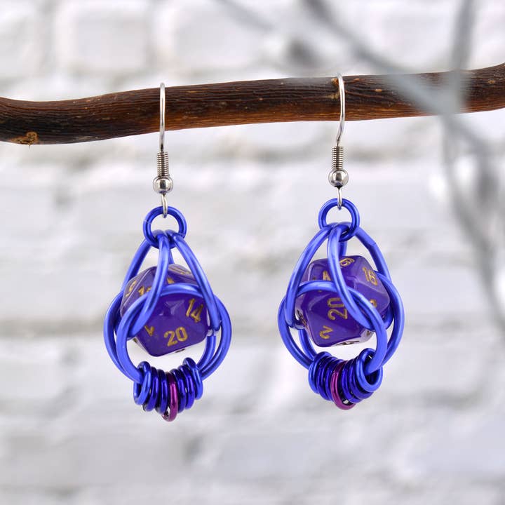 Rebeca Mojica Jewelry – wholesale Dangle earrings – d20 Purple Magic Earrings - Mini Dice in Chainmaille Cage7
