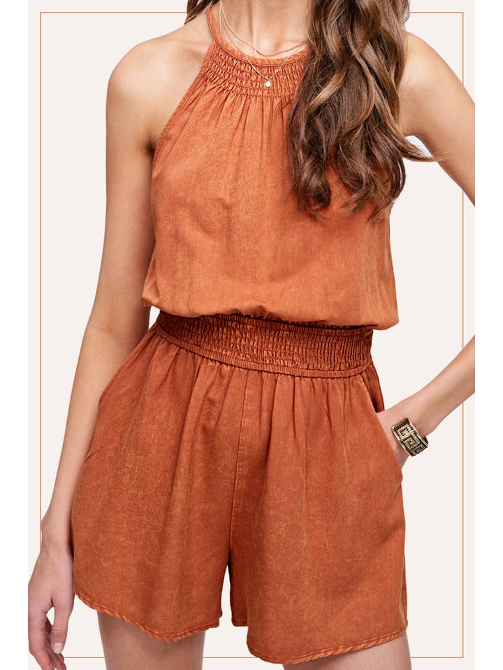 La Miel - Wholesale Romper - Women's - HCD9313-Mineral Washed Sleeveless Mini Romper with Pocket7