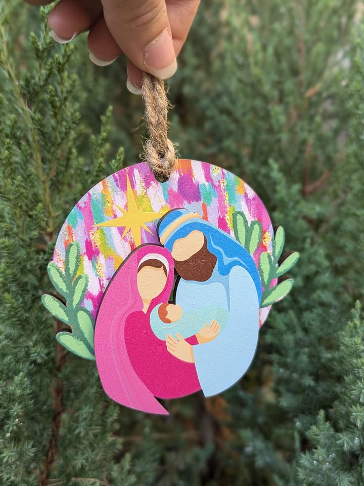 Modern Nativity Ornaments with Mary, Joseph, Jesus and North Star for wholesale by The Little Ornament Shop