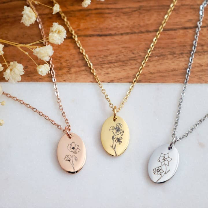 Life Prints Products – wholesale Pendant/charm necklace – Birth Month Flower Necklace: Poppy, Morning Glory, Sunflower