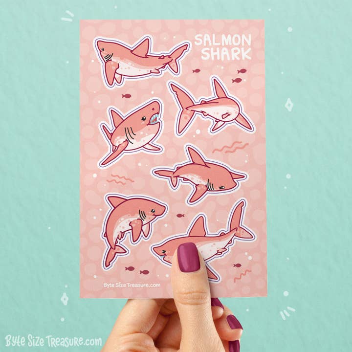 Salmon Shark Sticker Sheet for wholesale by Byte Size Treasure